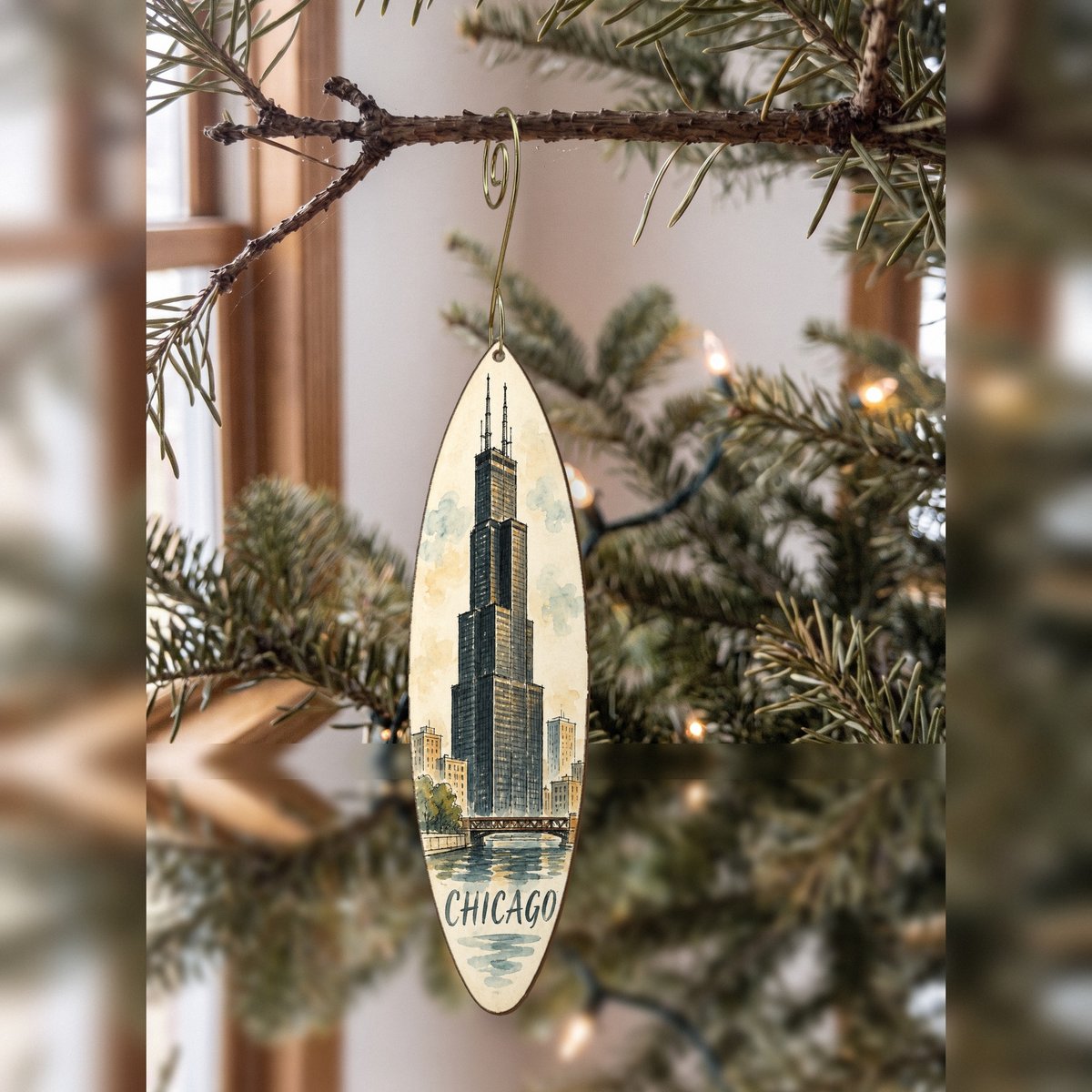 She's Choosing Chicago Ornament | Pen and Watercolor Wash | S148-O