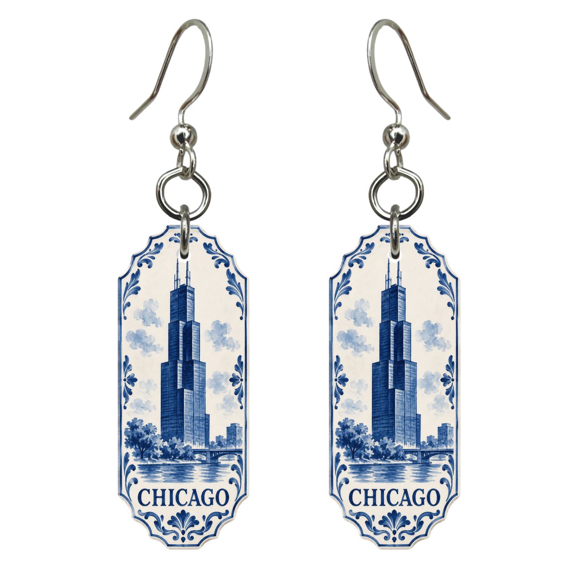 She's Choosing Chicago Earrings | Blue-And-White Ceramic Illustration | S150