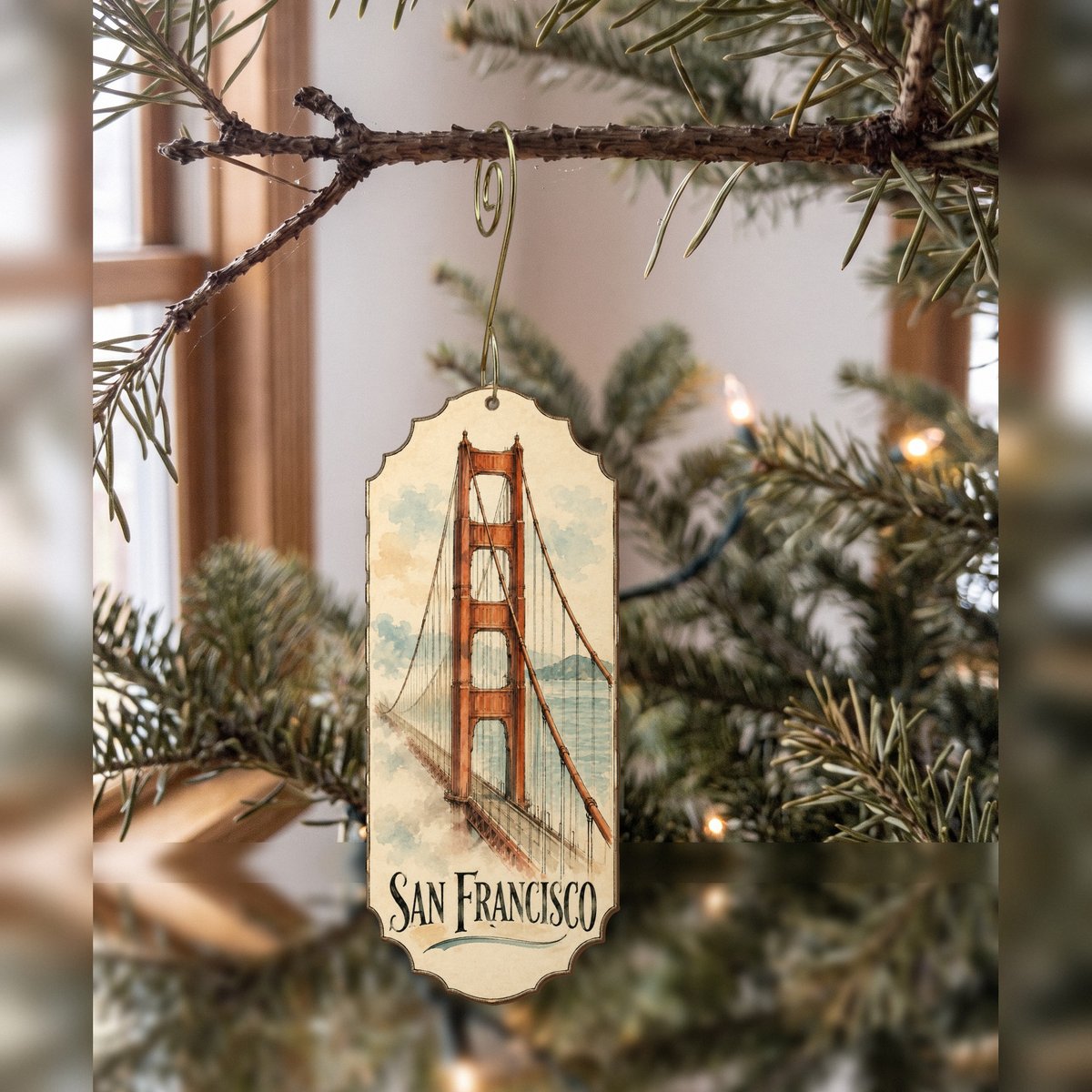 She's Choosing San Francisco Ornament | Pen and Watercolor Wash | S166-O