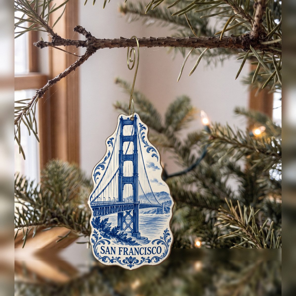 She's Choosing San Francisco Ornament | Blue-And-White Ceramic Illustration | S168-O