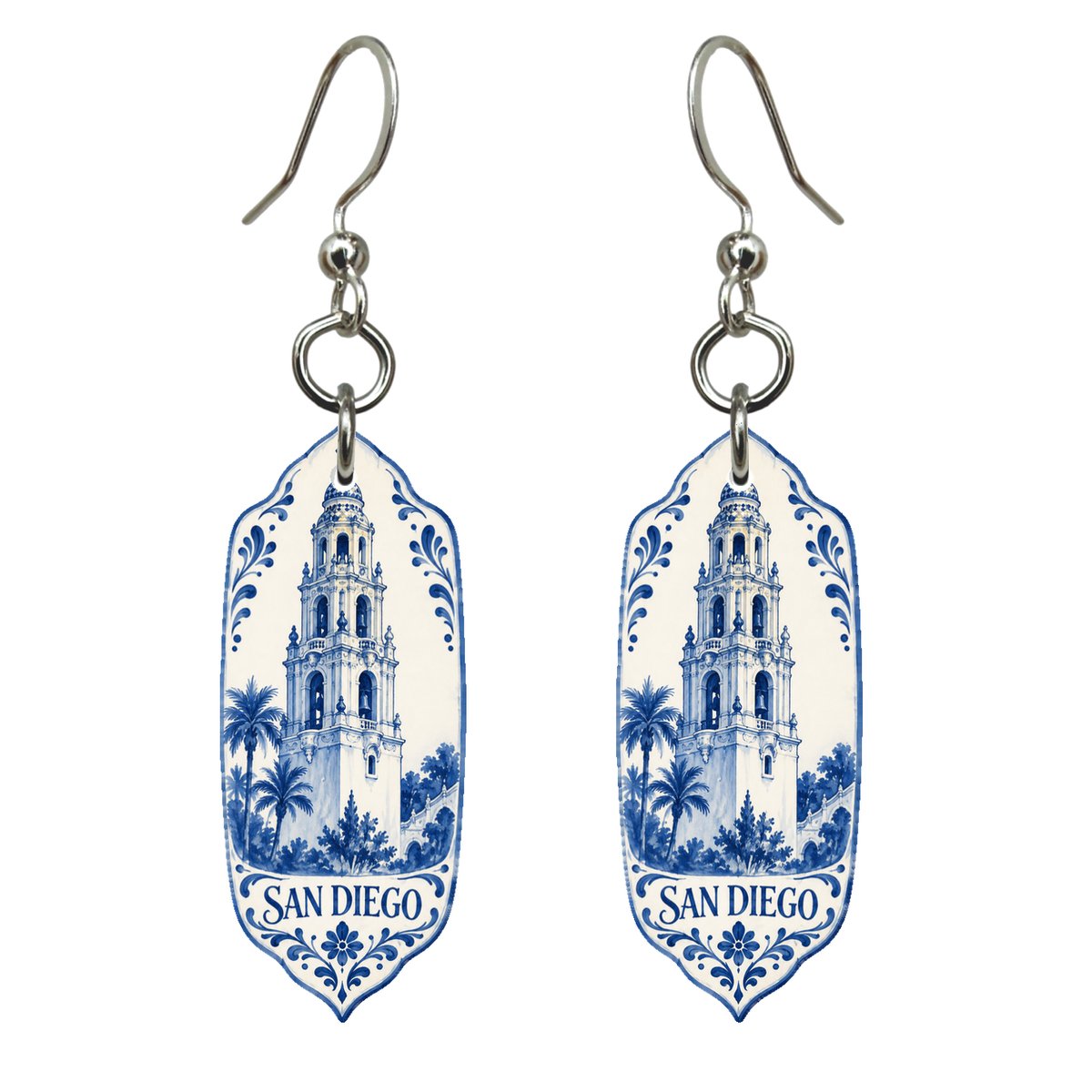 She's Choosing San Diego Earrings | Blue-And-White Ceramic Illustration | S186