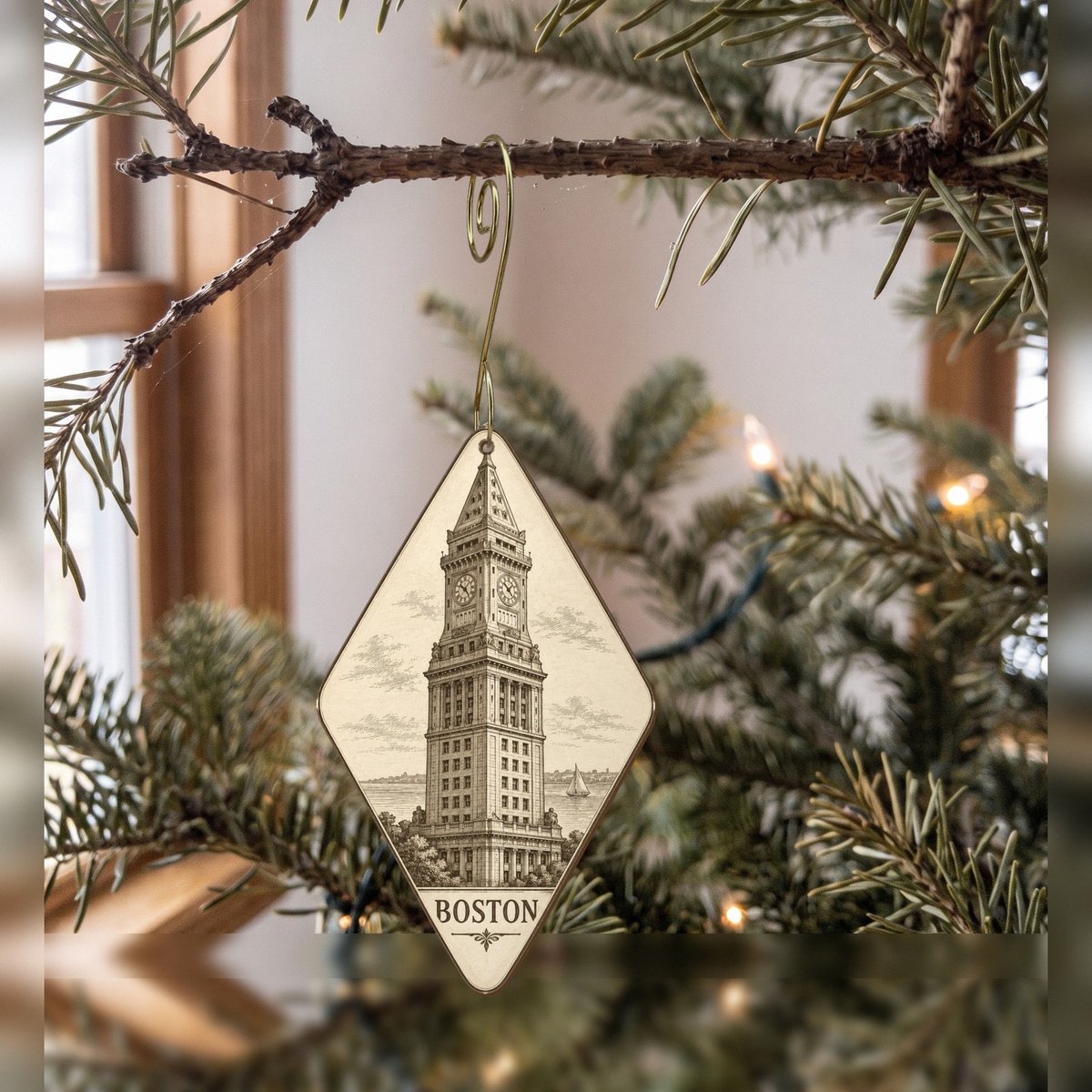 She's Choosing Boston Ornament | Etching-Inspired Linework | S216-O