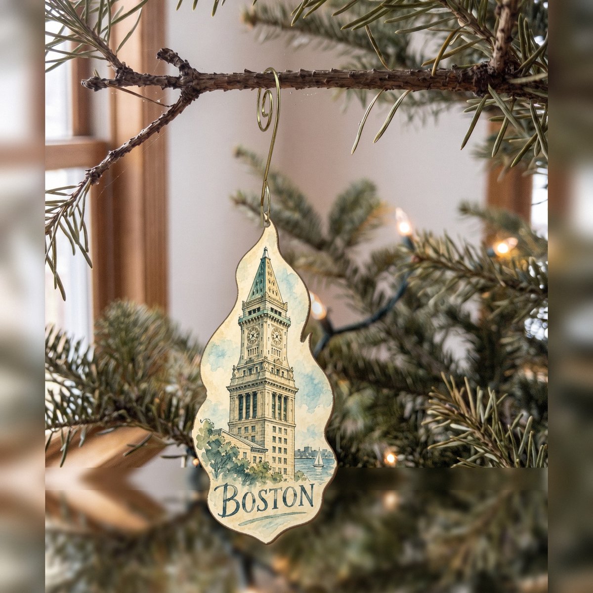 She's Choosing Boston Ornament | Pen and Watercolor Wash | S221-O