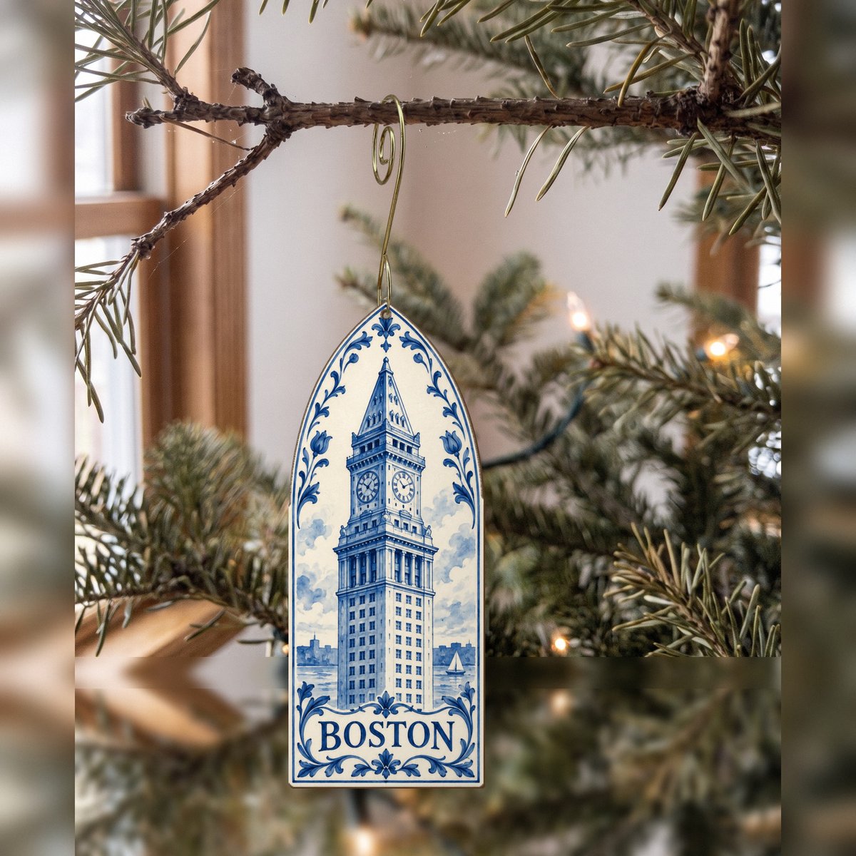 She's Choosing Boston Ornament | Blue-And-White Ceramic Illustration | S223-O