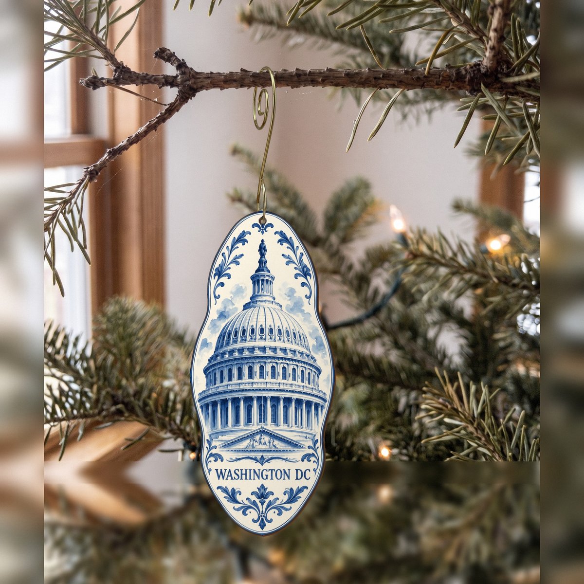 She's Choosing Washington DC Ornament | Blue-And-White Ceramic Illustration | S241-O