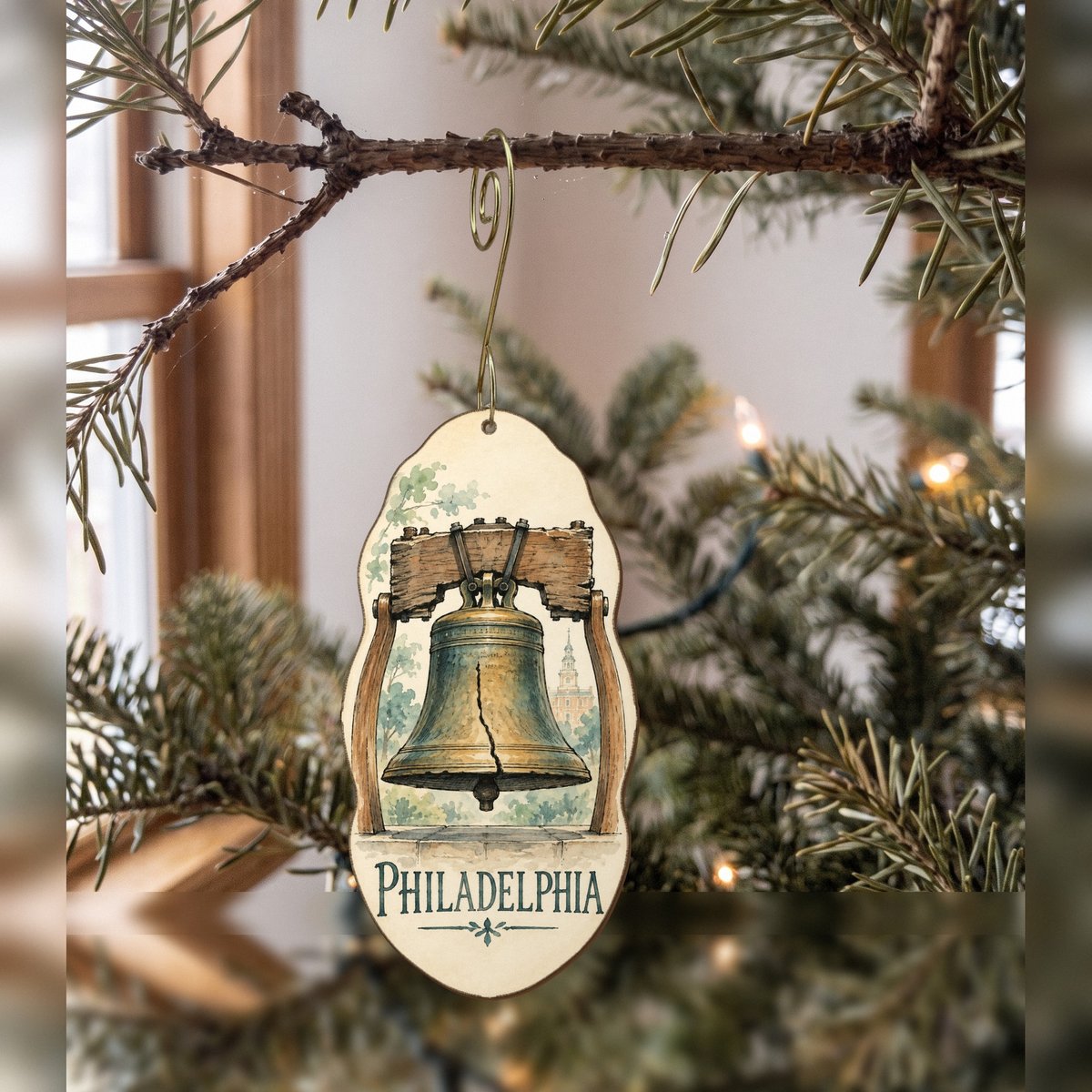 She's Choosing Philadelphia Ornament | Pen and Watercolor Wash | S257-O
