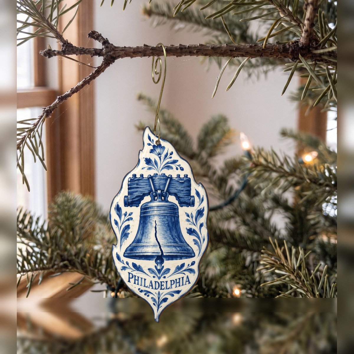 She's Choosing Philadelphia Ornament | Blue-And-White Ceramic Illustration | S259-O