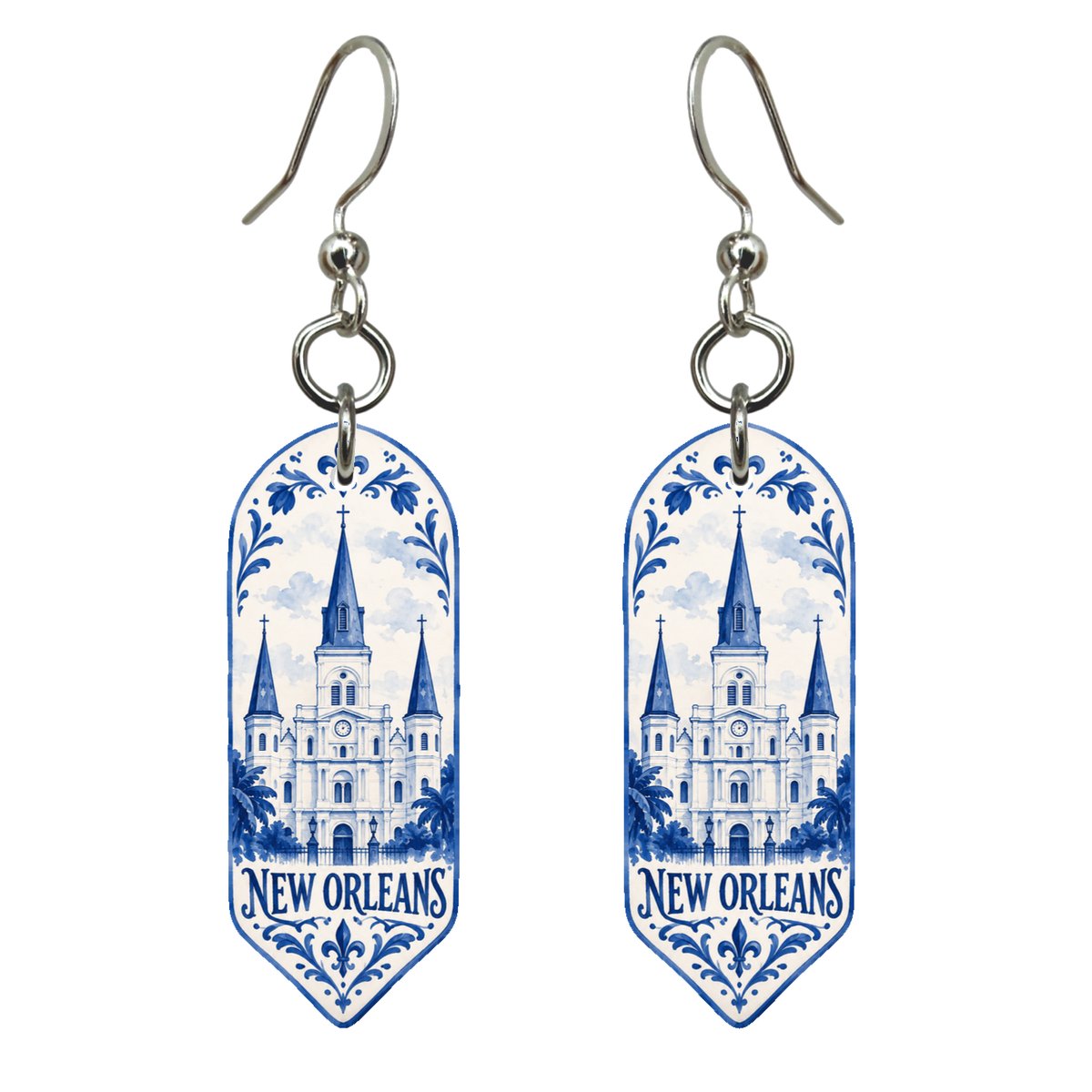 She's Choosing New Orleans Earrings | Blue-And-White Ceramic Illustration | S277