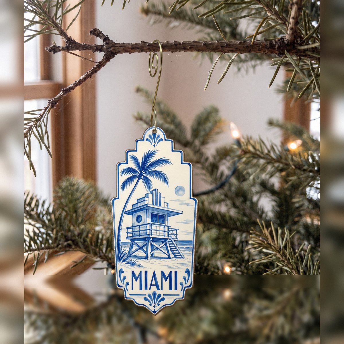 She's Choosing Miami Ornament | Blue-And-White Ceramic Illustration | S295-O