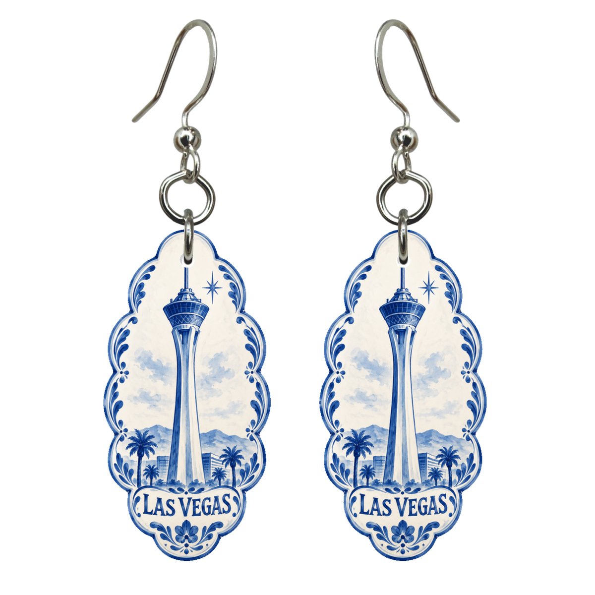 She's Choosing Las Vegas Earrings | Blue-And-White Ceramic Illustration | S313