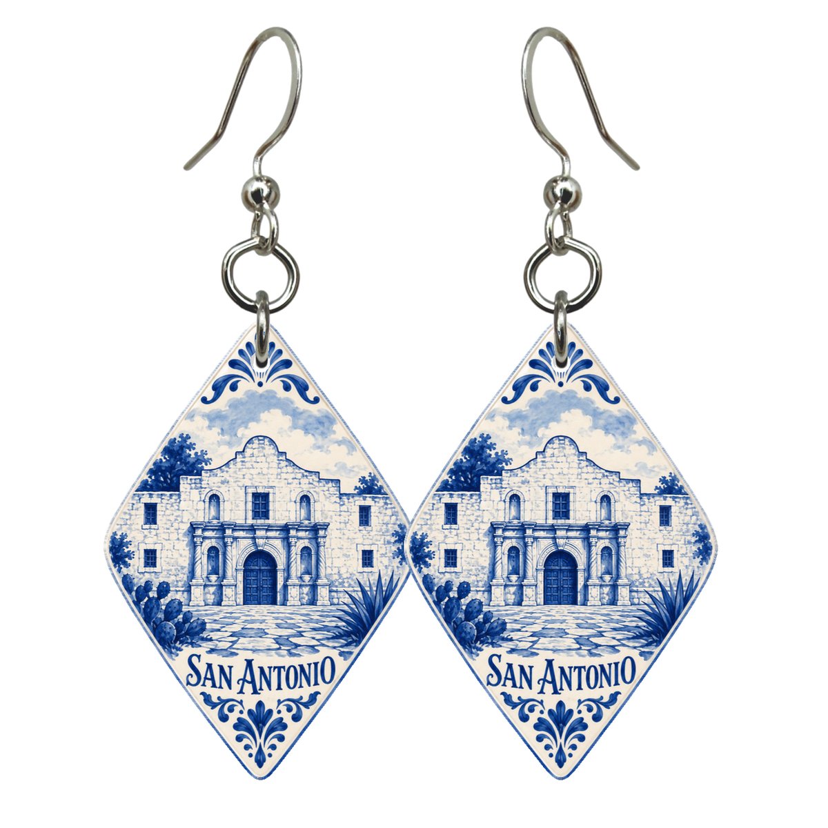 She's Choosing San Antonio Earrings | Blue-And-White Ceramic Illustration | S385
