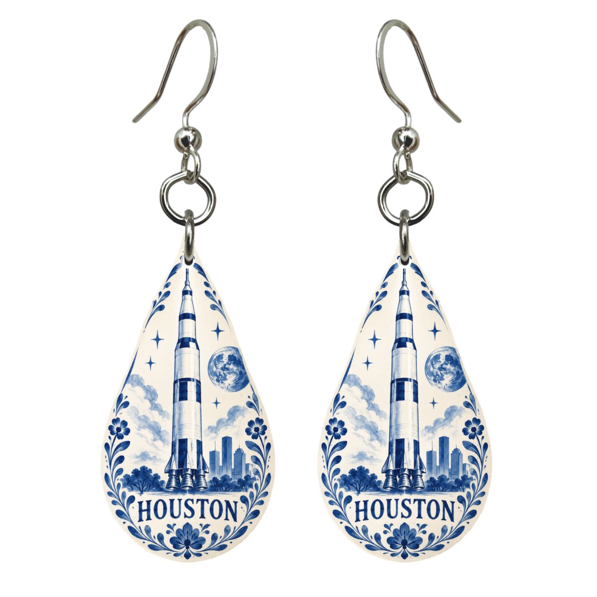 She's Choosing Houston Earrings | Blue-And-White Ceramic Illustration | S421