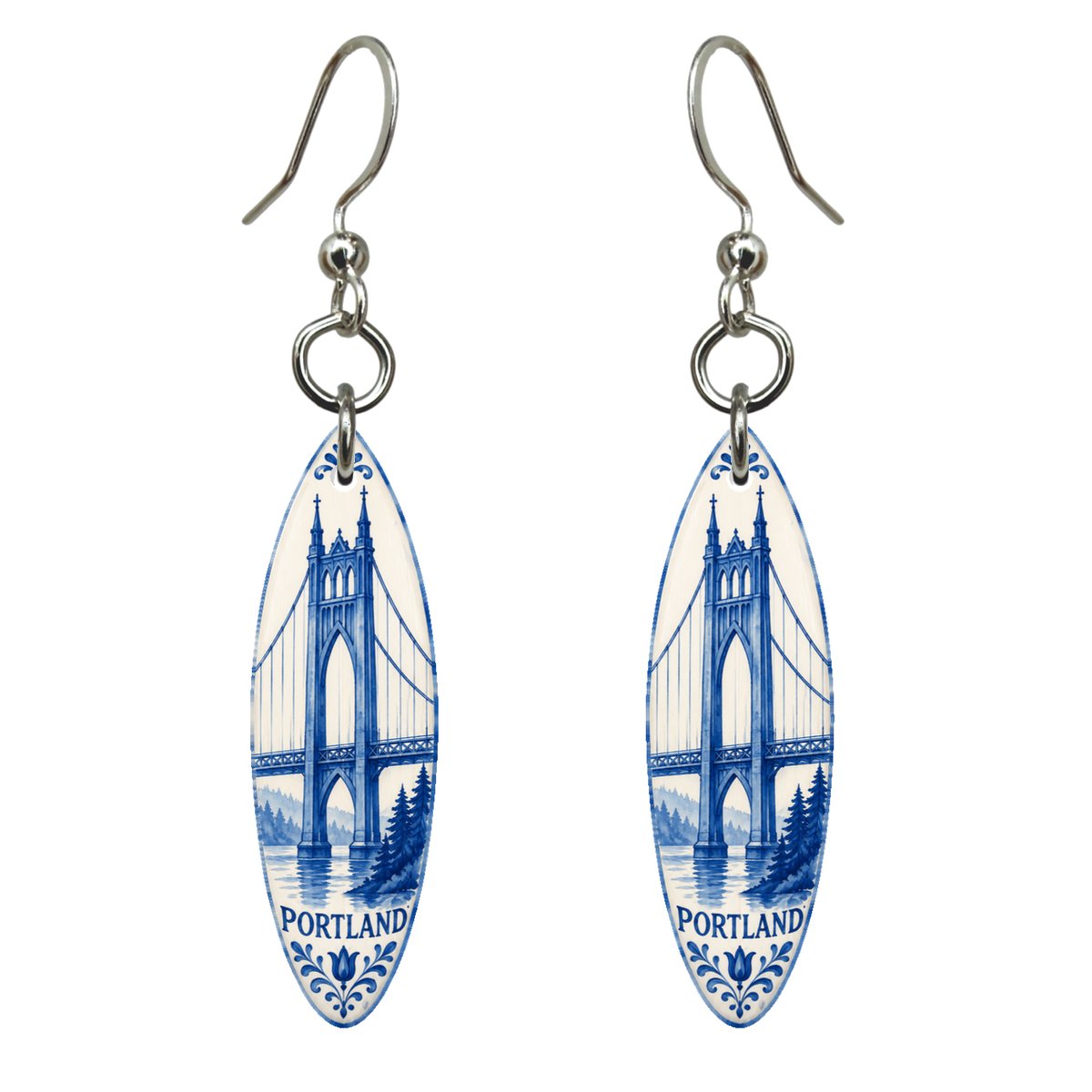 She's Choosing Portland, Oregon Earrings | Blue-And-White Ceramic Illustration | S457