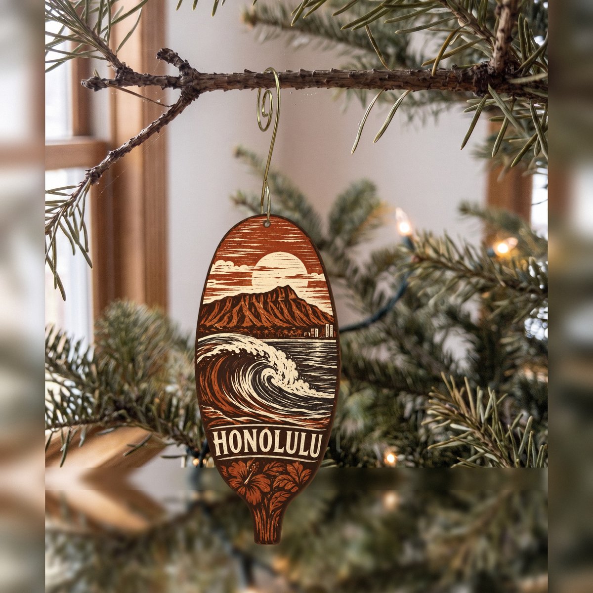 She's Choosing Honolulu Ornament | Woodcut | S466-O