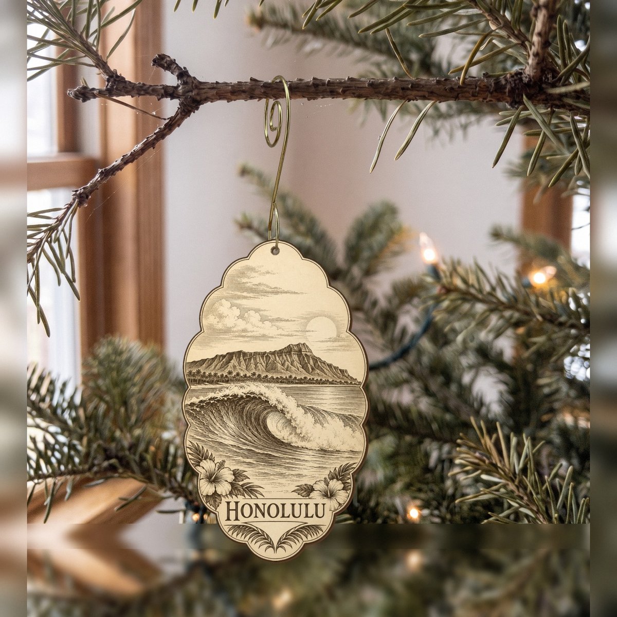 She's Choosing Honolulu Ornament | Etching-Inspired Linework | S468-O