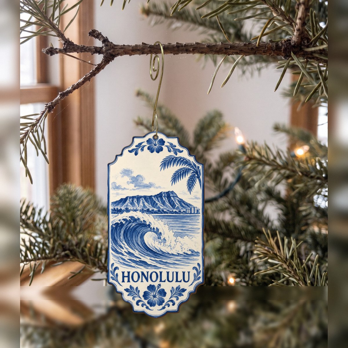 She's Choosing Honolulu Ornament | Blue-And-White Ceramic Illustration | S475-O