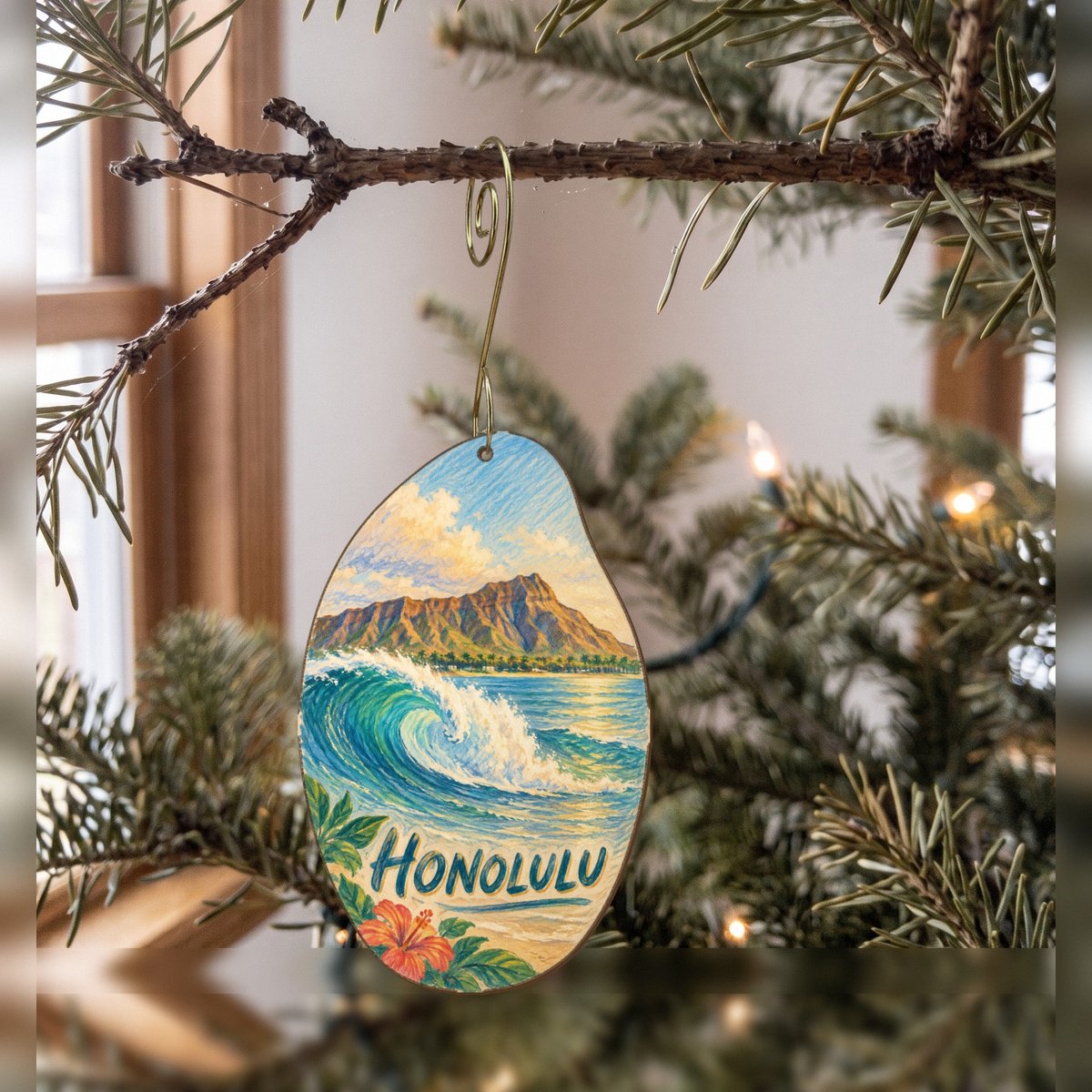 She's Choosing Honolulu Ornament | Colored Pencil over Gouache | S478-O