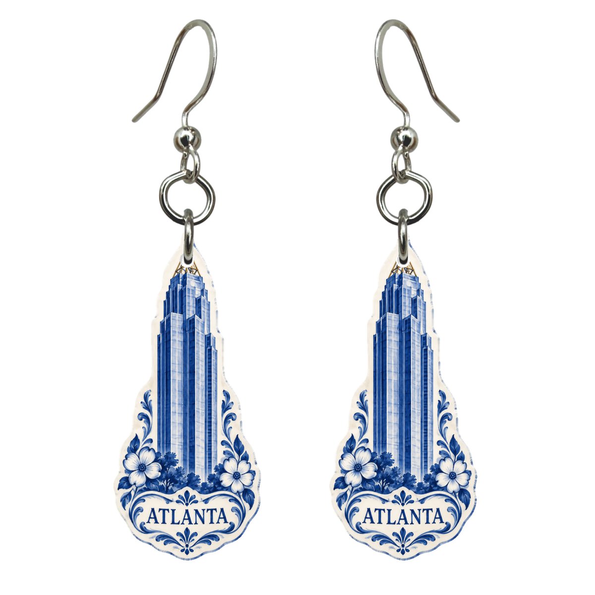She's Choosing Atlanta Earrings | Blue-And-White Ceramic Illustration | S493