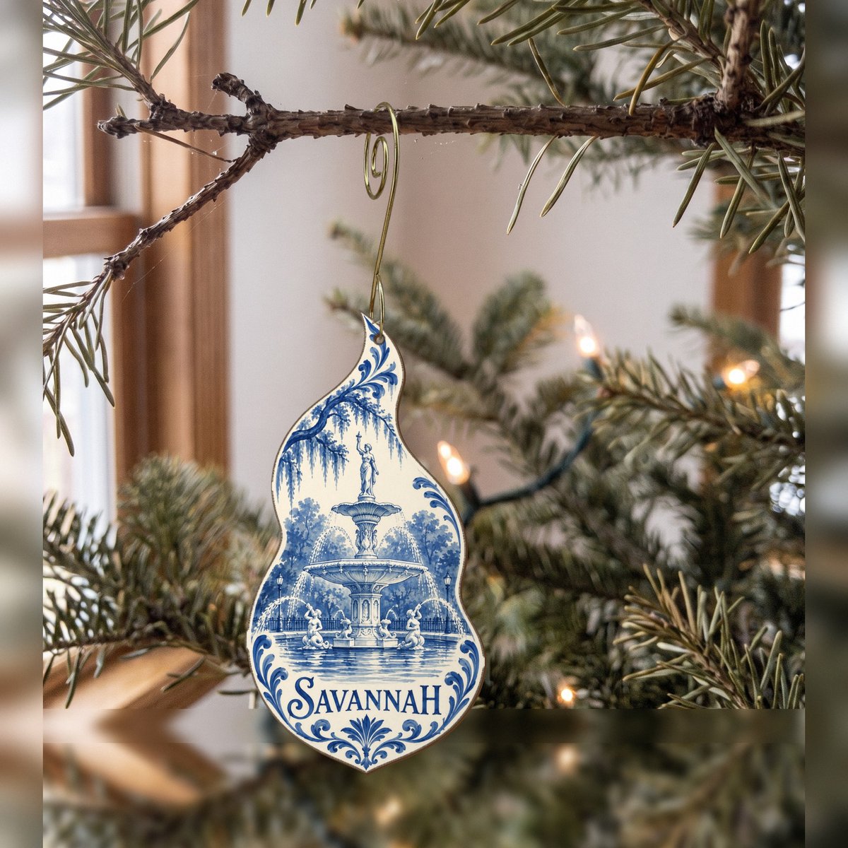 She's Choosing Savannah Ornament | Blue-And-White Ceramic Illustration | S529-O