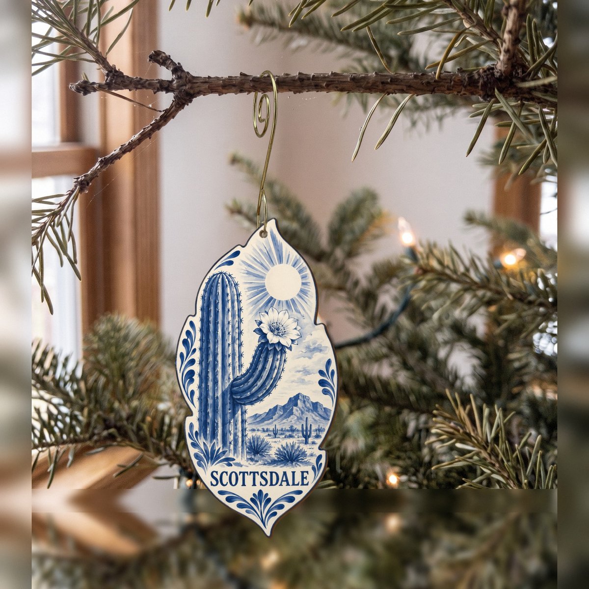 She's Choosing Scottsdale Ornament | Blue-And-White Ceramic Illustration | S583-O