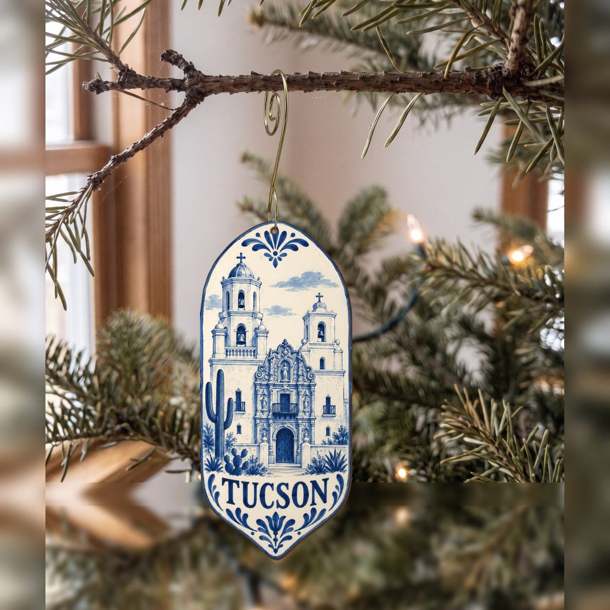 She's Choosing Tucson Ornament | Blue-And-White Ceramic Illustration | S663-O