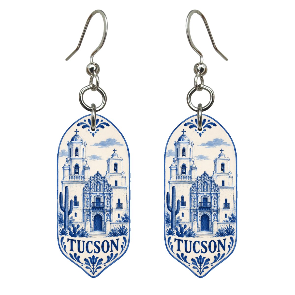 She's Choosing Tucson Earrings | Blue-And-White Ceramic Illustration | S663