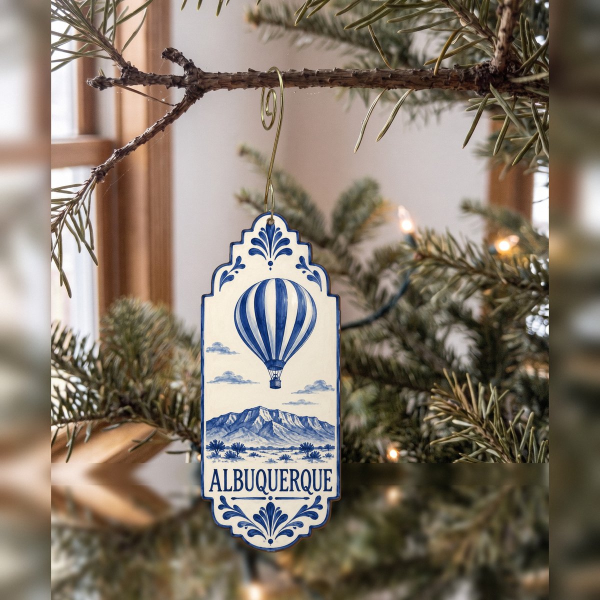 She's Choosing Albuquerque Ornament | Blue-And-White Ceramic Illustration | S686-O