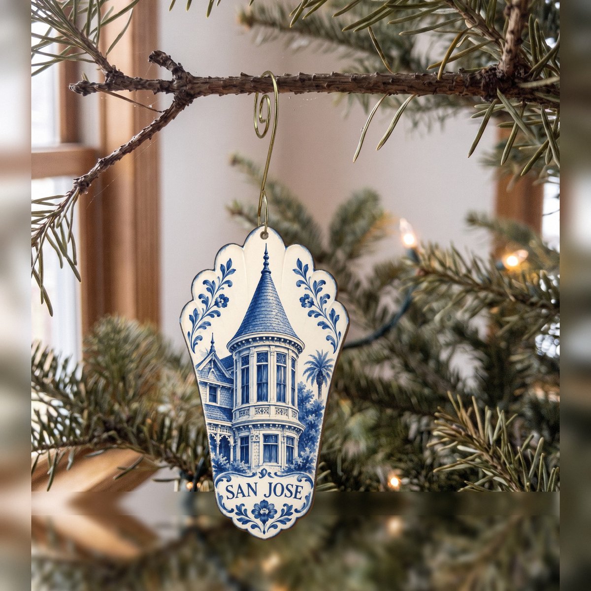 She's Choosing San Jose Ornament | Blue-And-White Ceramic Illustration | S722-O