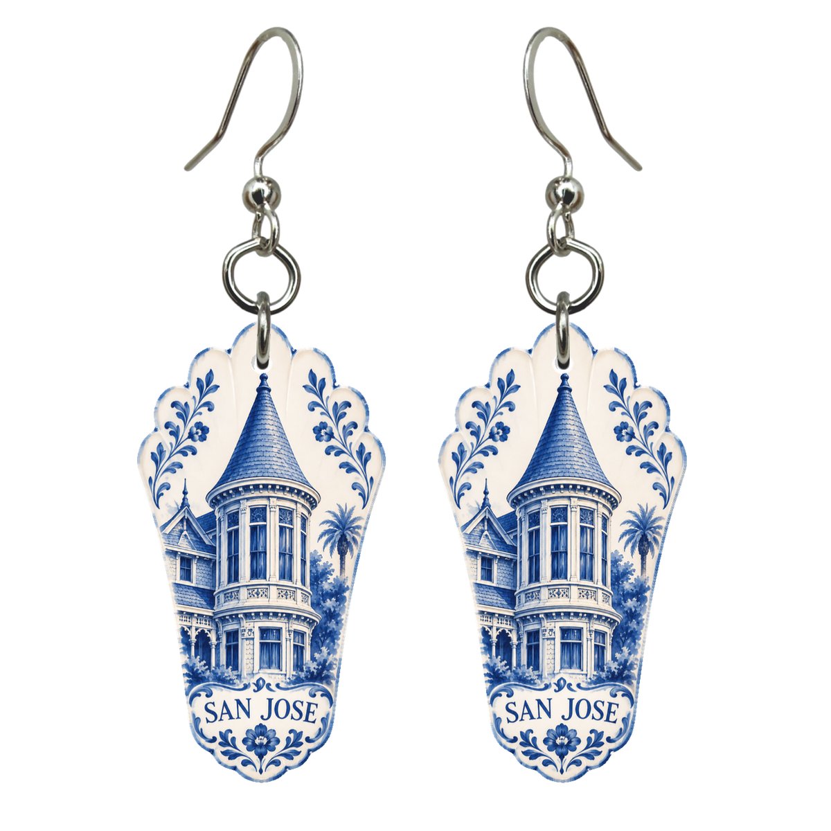 She's Choosing San Jose Earrings | Blue-And-White Ceramic Illustration | S722