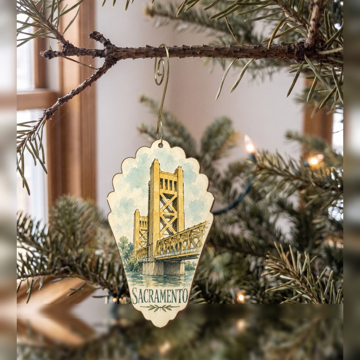 She's Choosing Sacramento Ornament | Pen and Watercolor Wash | S738-O