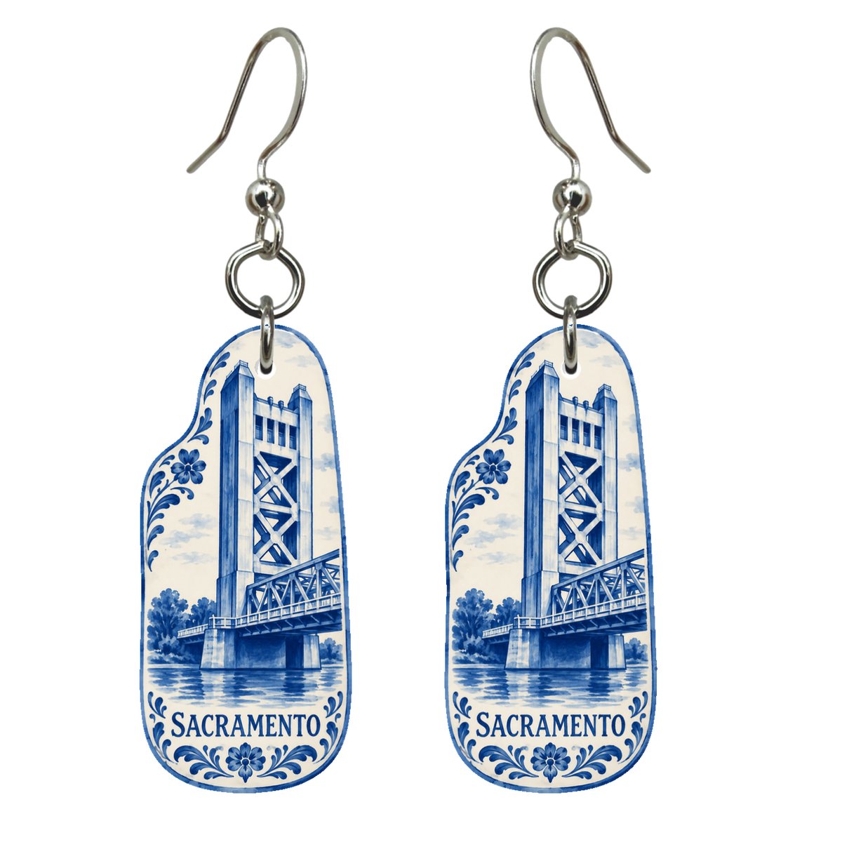 She's Choosing Sacramento Earrings | Blue-And-White Ceramic Illustration | S740