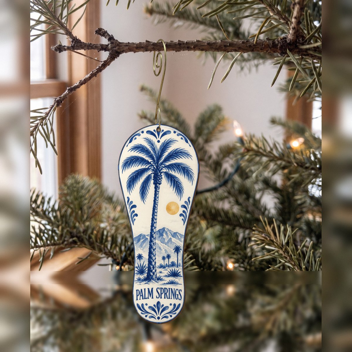 She's Choosing Palm Springs Ornament | Blue-And-White Ceramic Illustration | S758-O