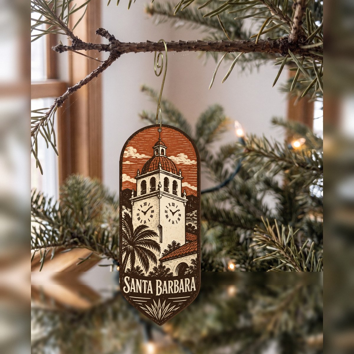 She's Choosing Santa Barbara Ornament | Woodcut | S767-O