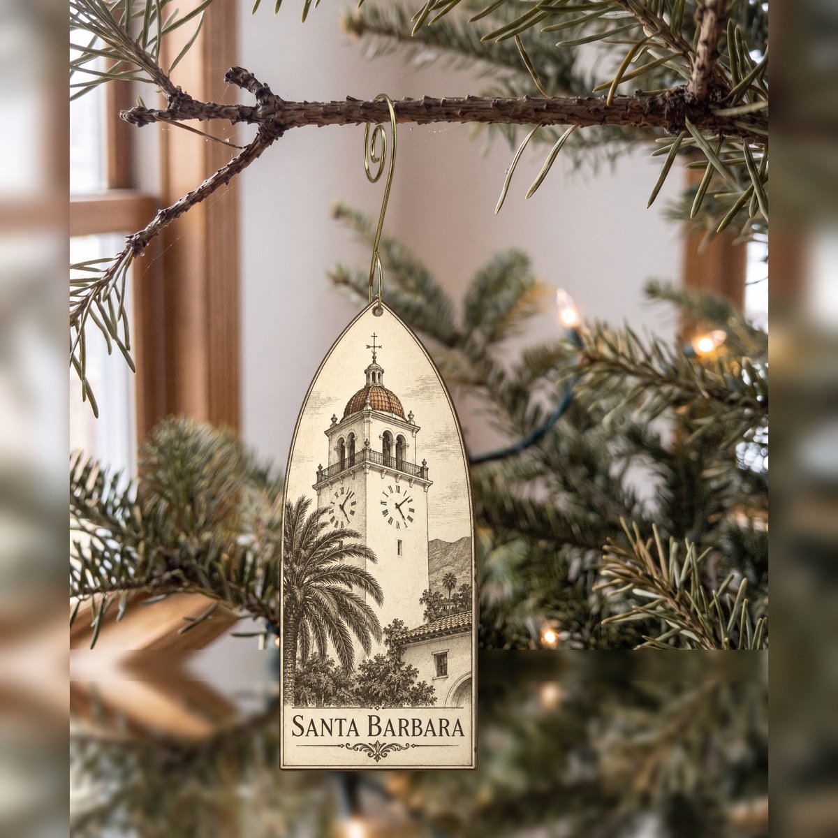 She's Choosing Santa Barbara Ornament | Etching-Inspired Linework | S769-O