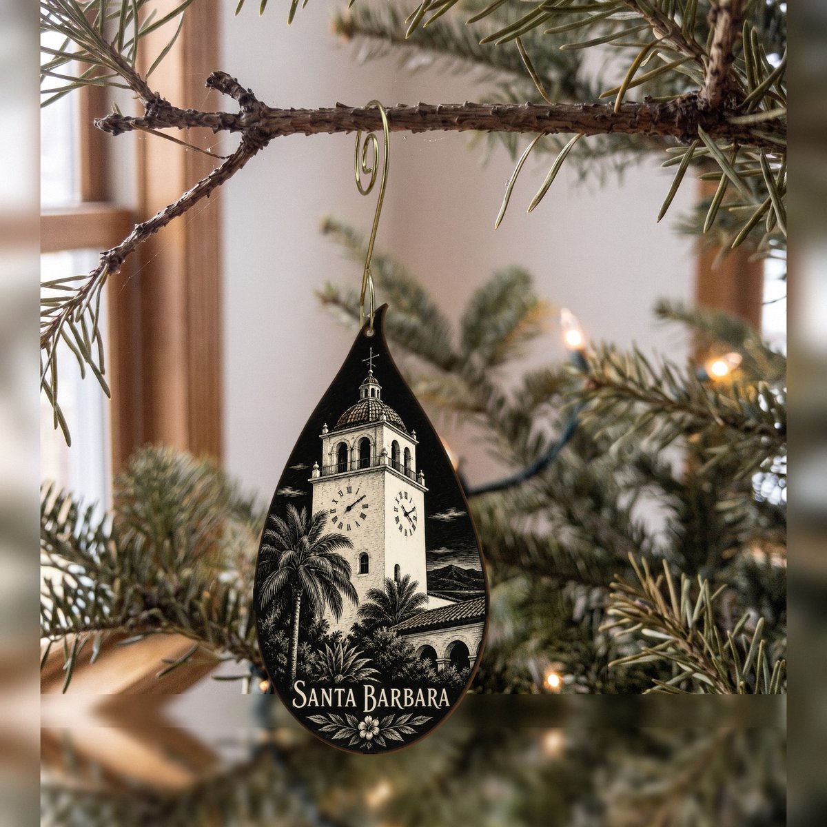 She's Choosing Santa Barbara Ornament | Scratchboard | S771-O
