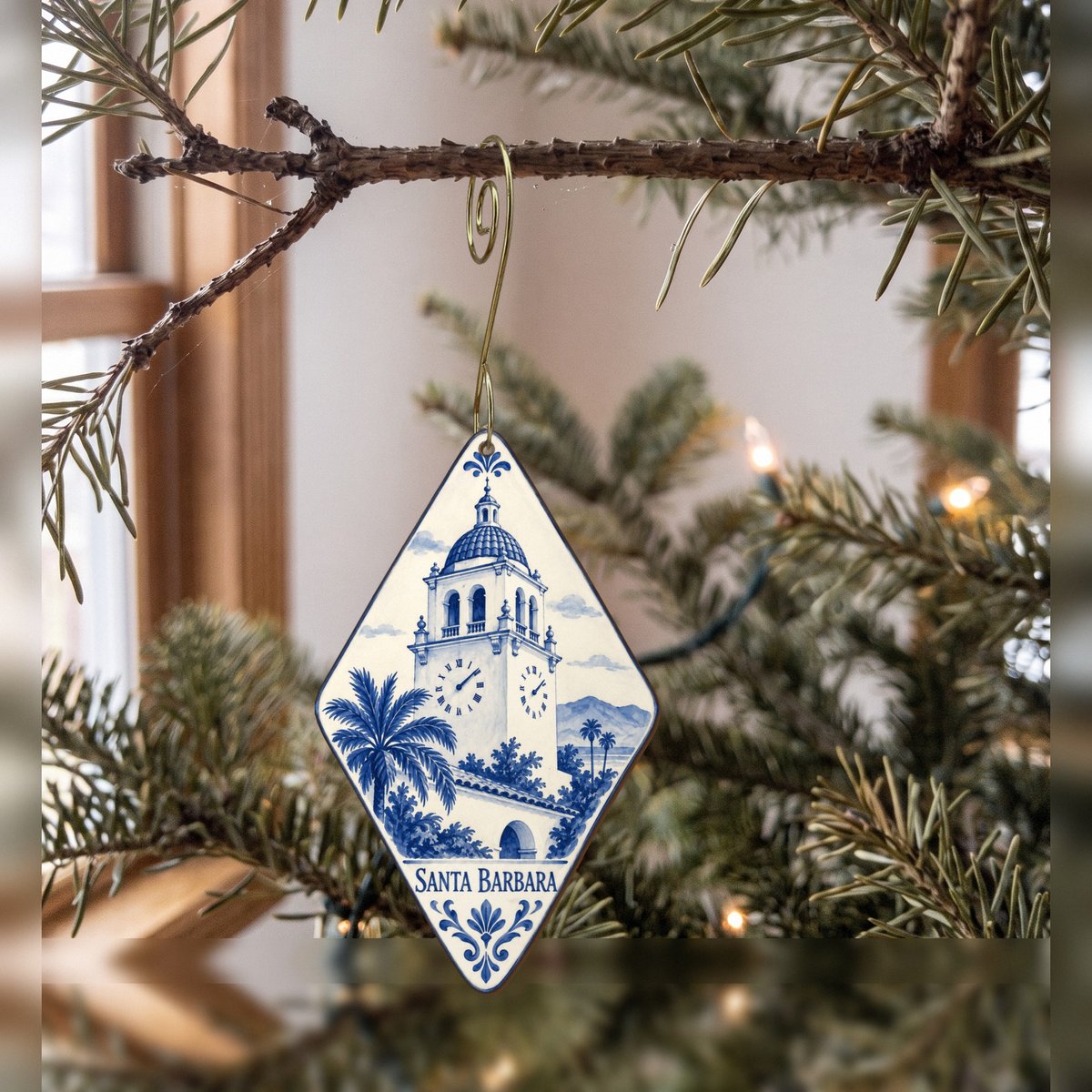 She's Choosing Santa Barbara Ornament | Blue-And-White Ceramic Illustration | S776-O