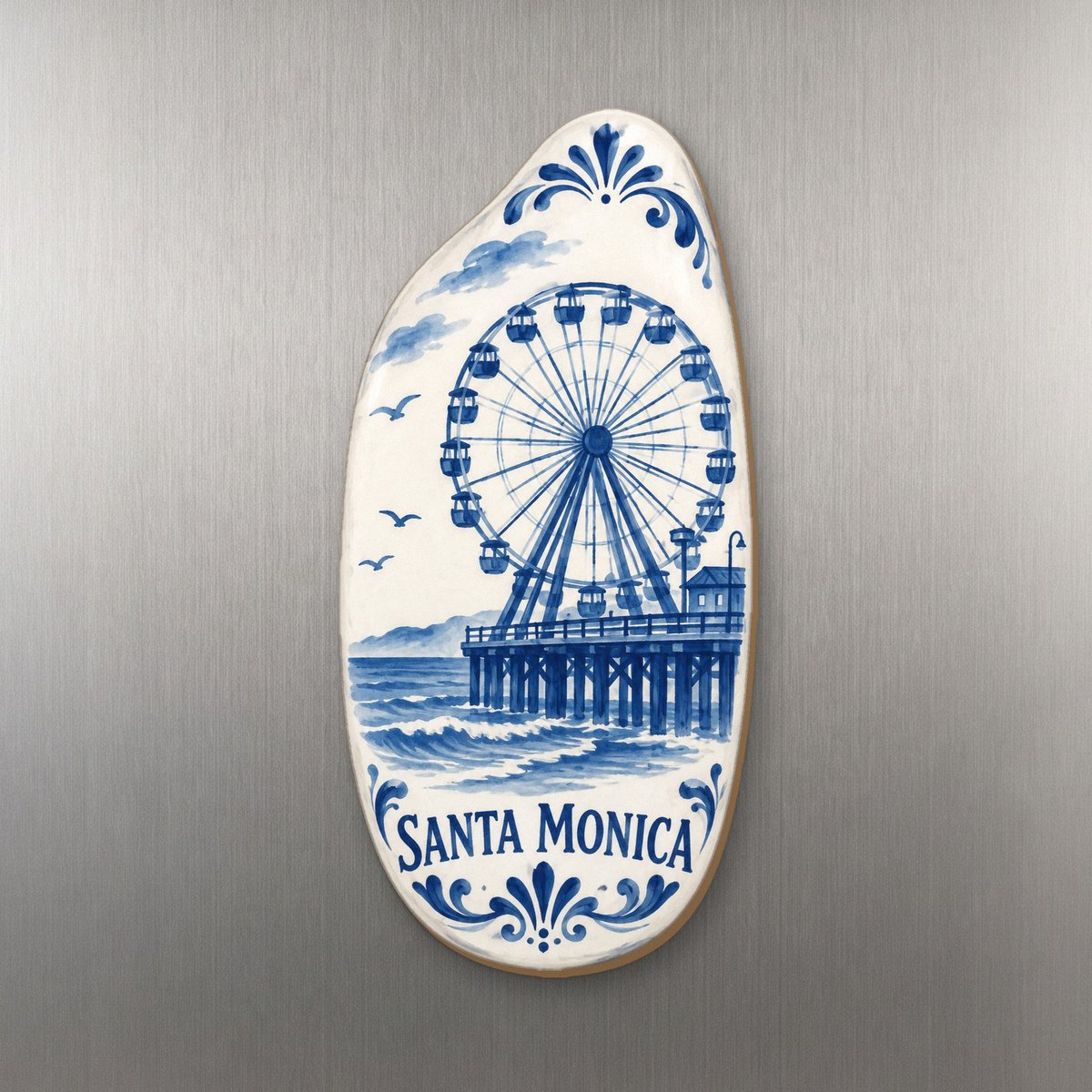 She's Choosing Santa Monica Magnet | Blue-And-White Ceramic Illustration | S794-M