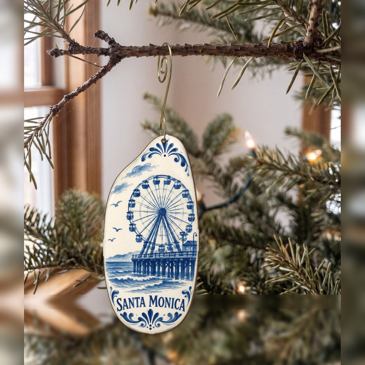 She's Choosing Santa Monica Ornament | Blue-And-White Ceramic Illustration | S794-O