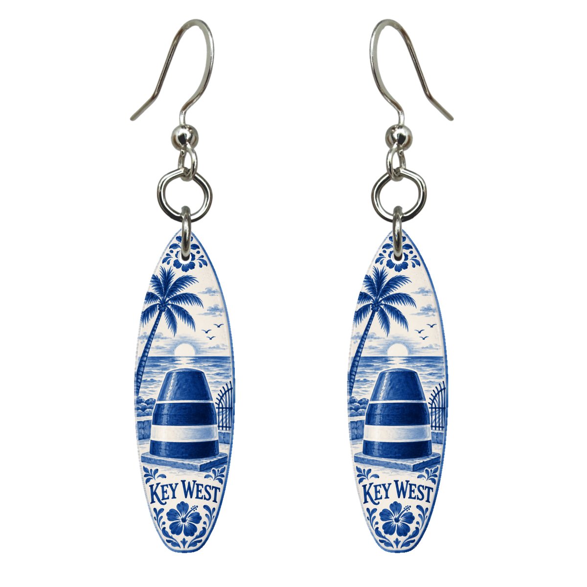 She's Choosing Key West Earrings | Blue-And-White Ceramic Illustration | S848