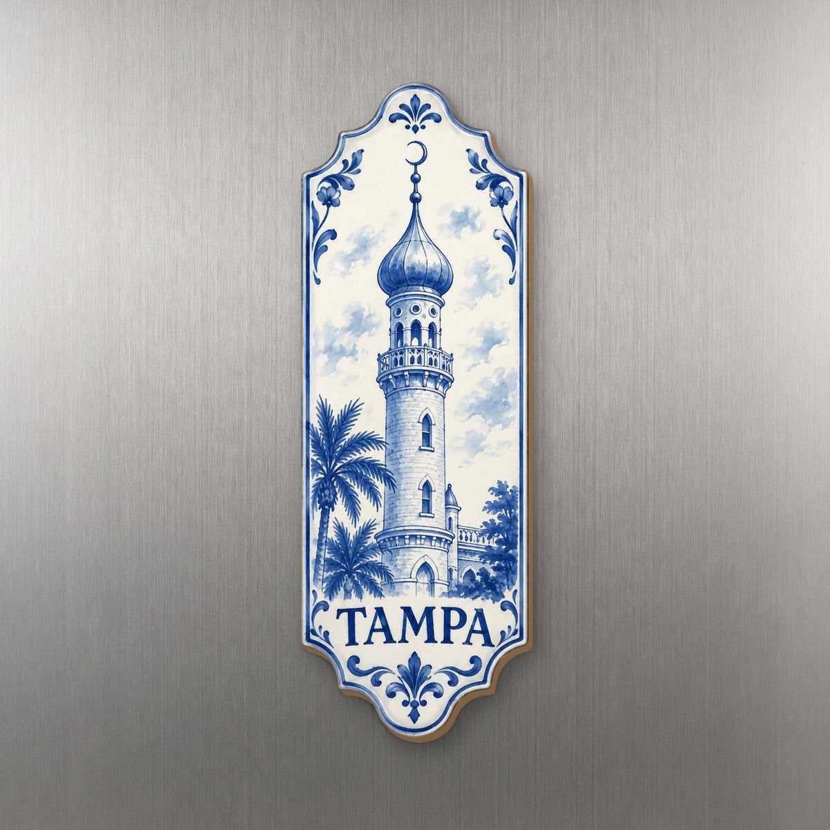 She's Choosing Tampa Magnet | Blue-And-White Ceramic Illustration | S866-M