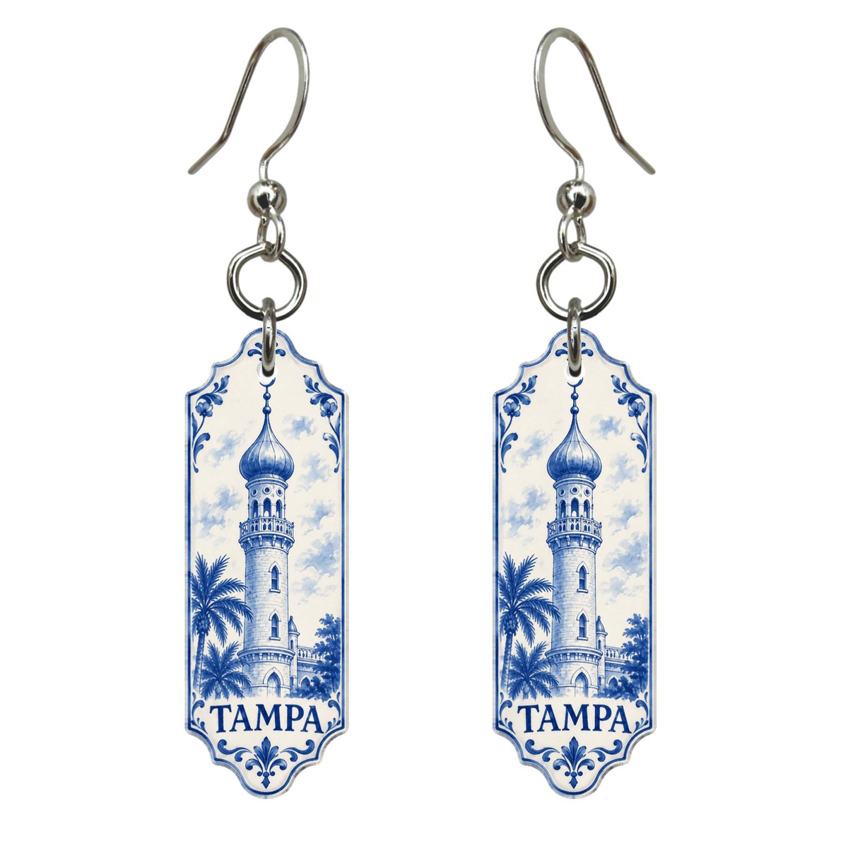 She's Choosing Tampa Earrings | Blue-And-White Ceramic Illustration | S866