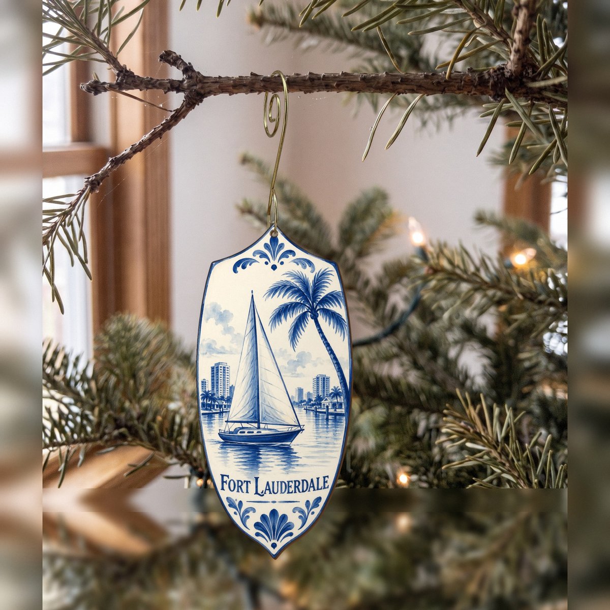 She's Choosing Fort Lauderdale Ornament | Blue-And-White Ceramic Illustration | S902-O
