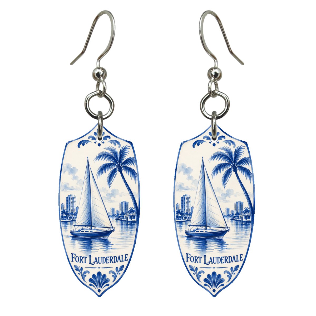 She's Choosing Fort Lauderdale Earrings | Blue-And-White Ceramic Illustration | S902