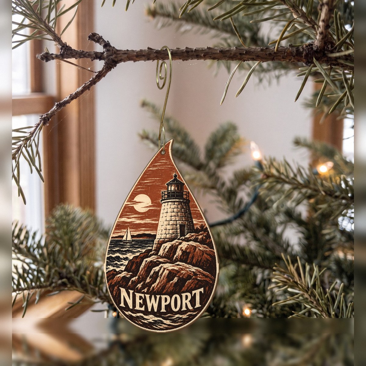 She's Choosing Newport, Rhode Island Ornament | Woodcut | S911-O