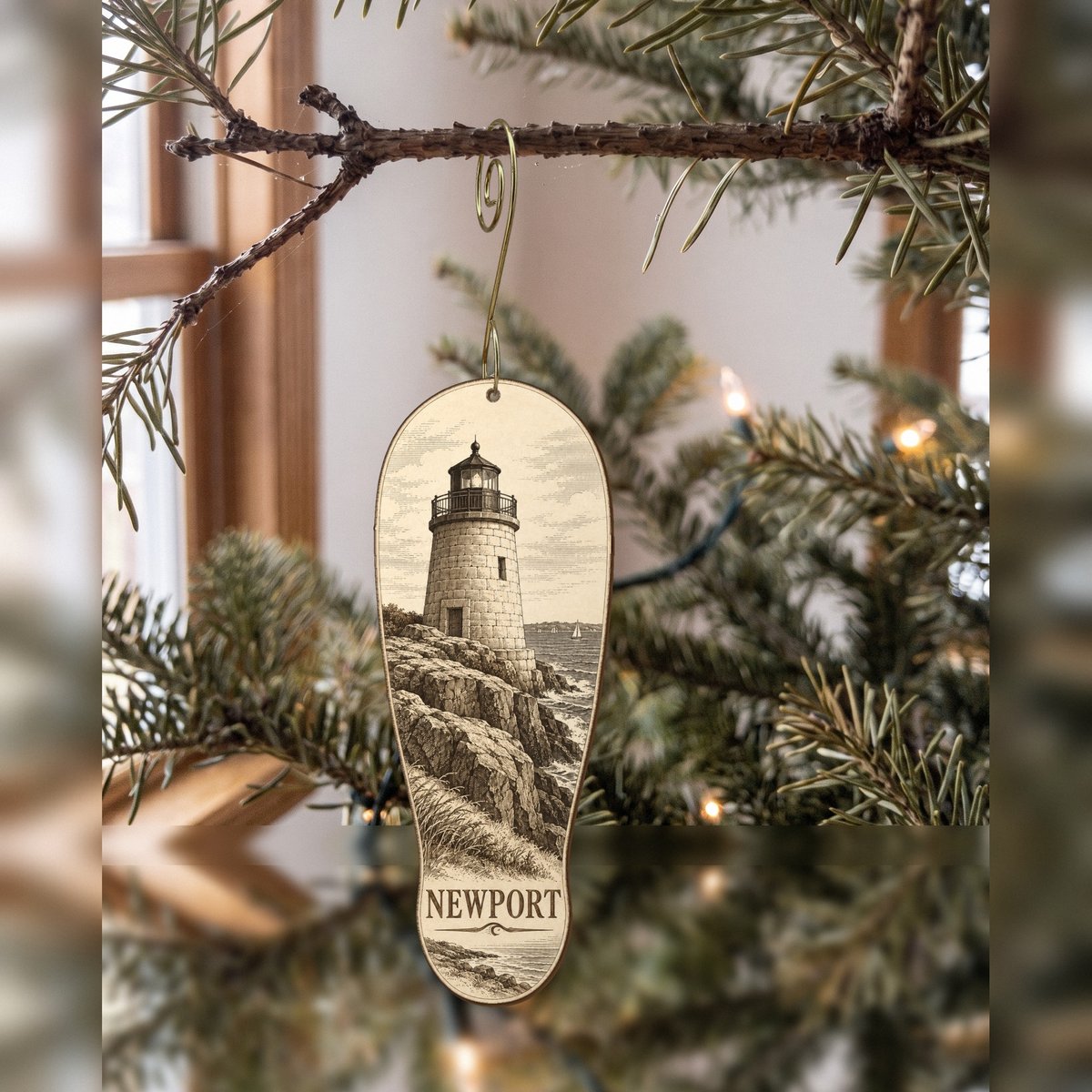 She's Choosing Newport, Rhode Island Ornament | Etching-Inspired Linework | S913-O