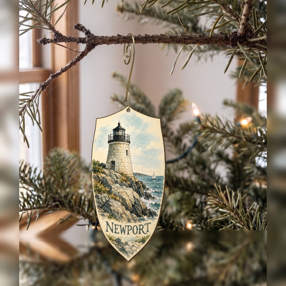 She's Choosing Newport, Rhode Island Ornament | Pen and Watercolor Wash | S918-O