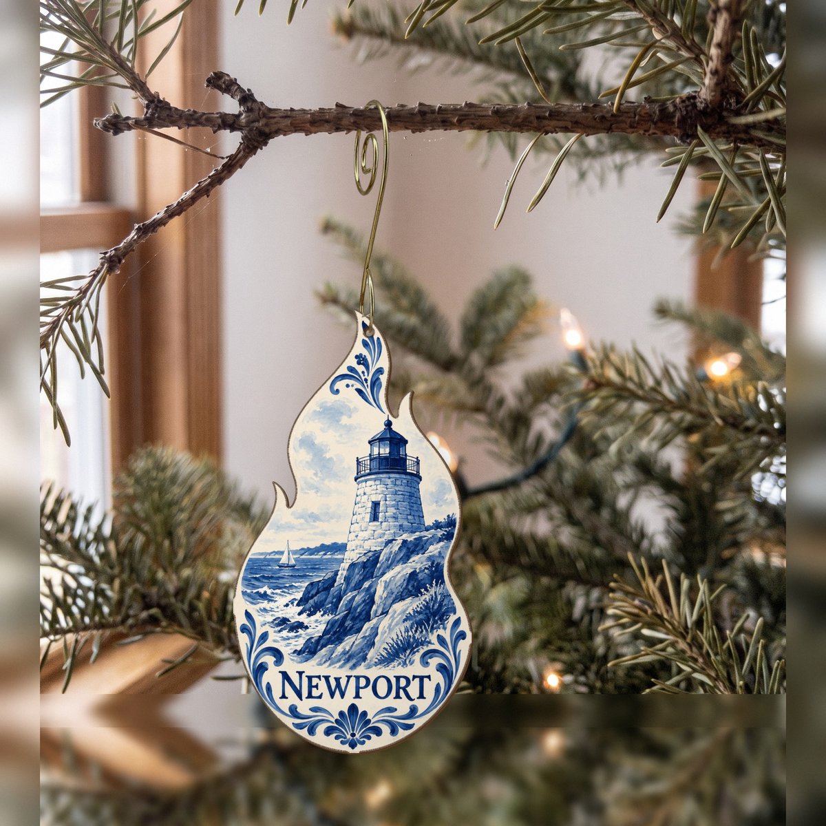 She's Choosing Newport, Rhode Island Ornament | Blue-And-White Ceramic Illustration | S920-O