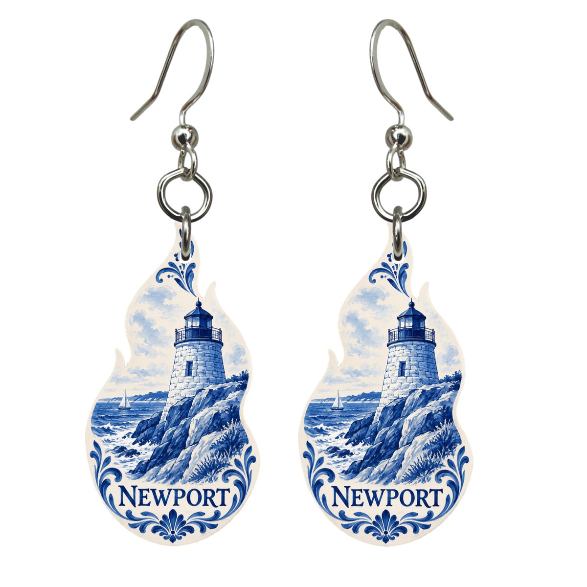 She's Choosing Newport, Rhode Island Earrings | Blue-And-White Ceramic Illustration | S920