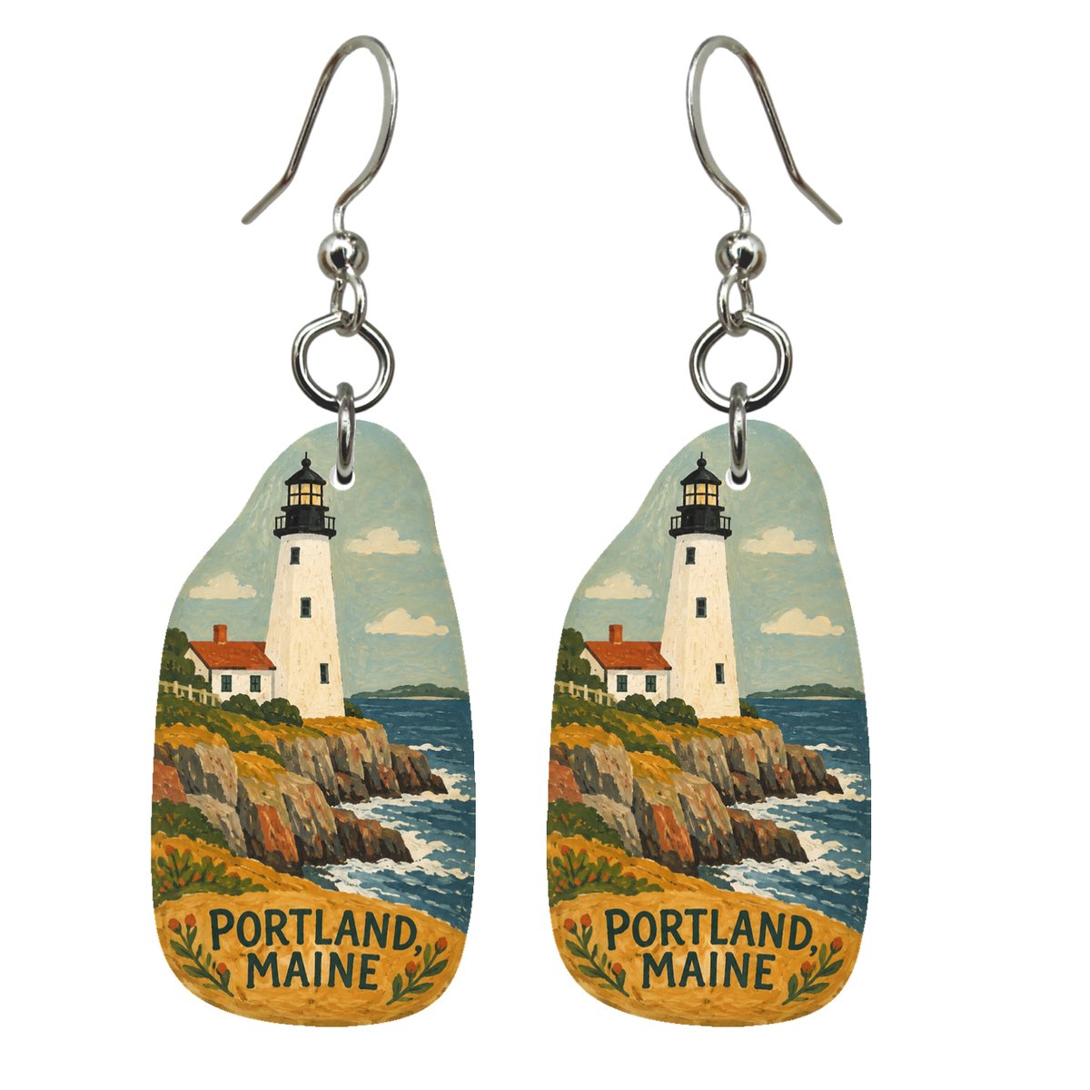 She's Choosing Portland, Maine Earrings | Naive Folk Painting | S938