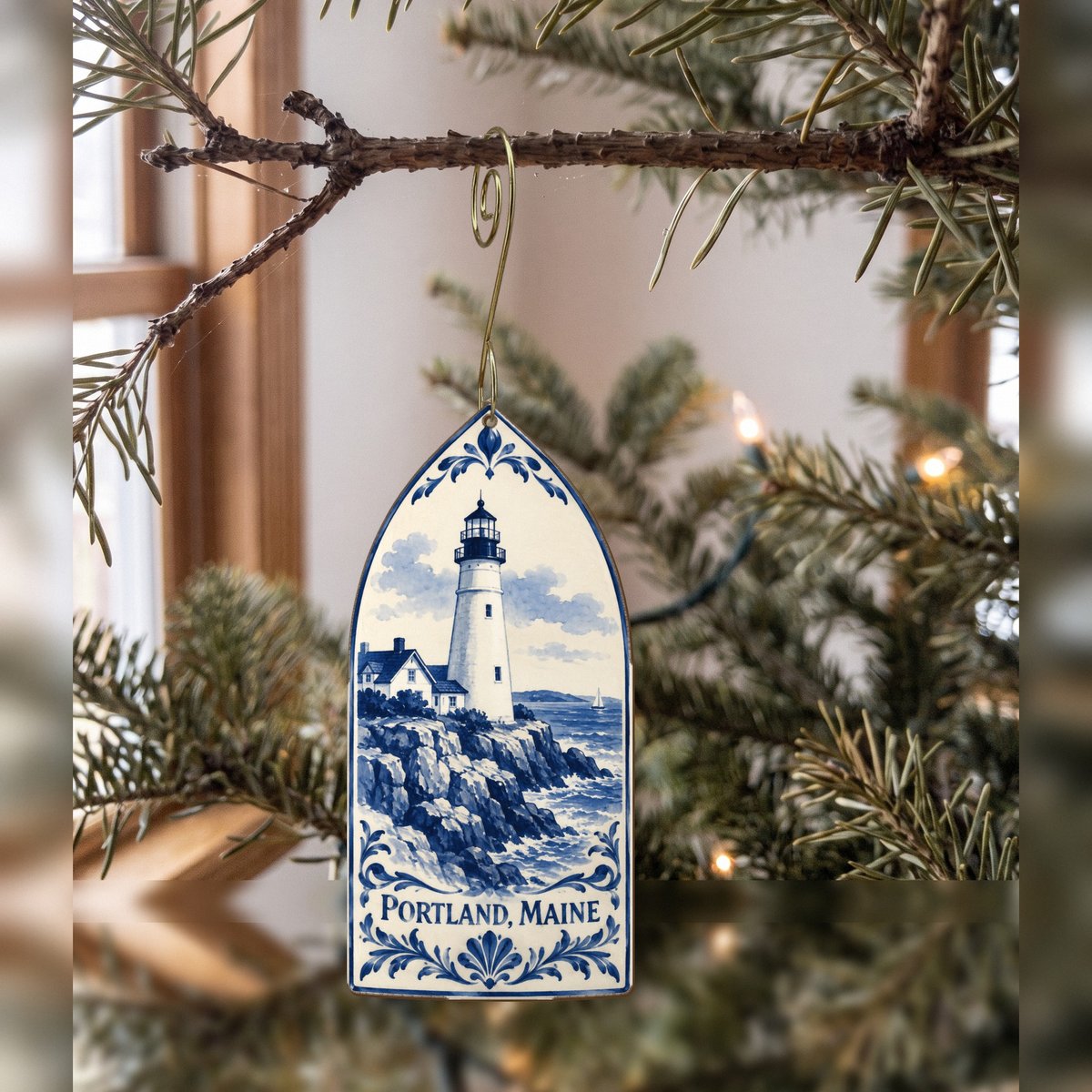 She's Choosing Portland, Maine Ornament | Blue-And-White Ceramic Illustration | S939-O